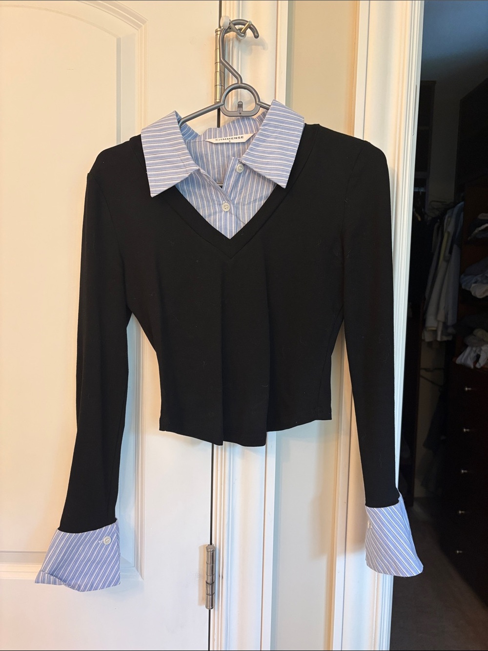 Commense Black Layered-Look V-Neck Top with Light Blue Striped Collar